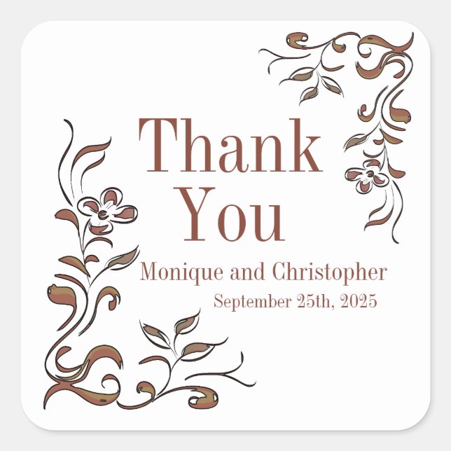 Adesivo Quadrado Casamento Branco Floral de Cobre rosa Dourado (Frente)