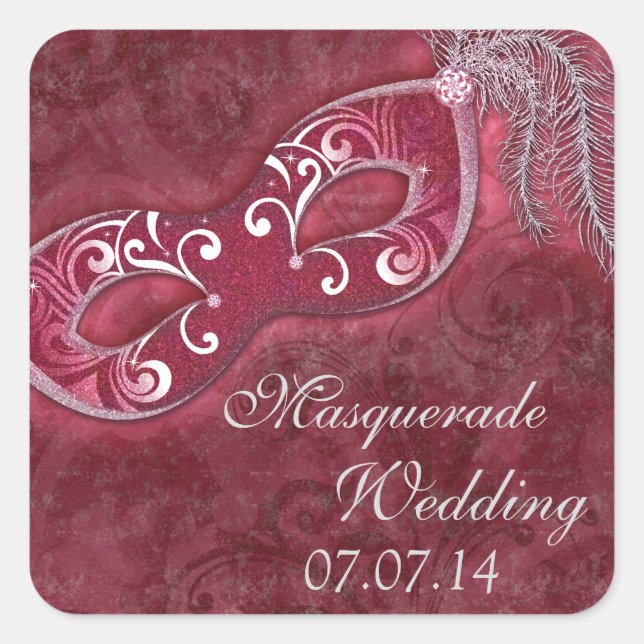 Adesivo Quadrado Casamento Burgundy Mascarada Ball Mardi Gras (Frente)