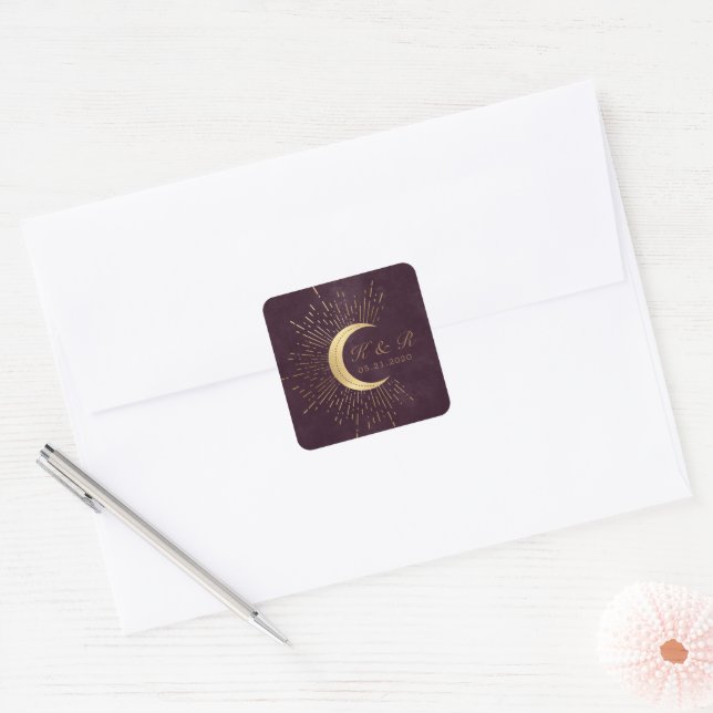Adesivo Quadrado Casamento Celestial De Lua Dourada E Estrelas (Envelope)