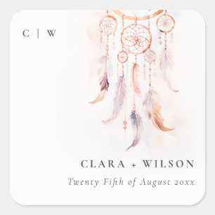 Adesivo Quadrado Casamento Chic Boho Feather Dreamcatcher Watercolo