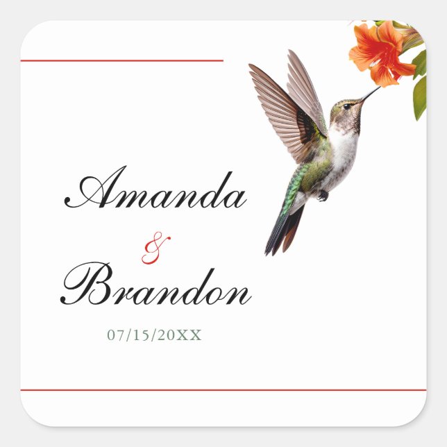Adesivo Quadrado Casamento Chic Hummingbird e Orange Flower (Frente)