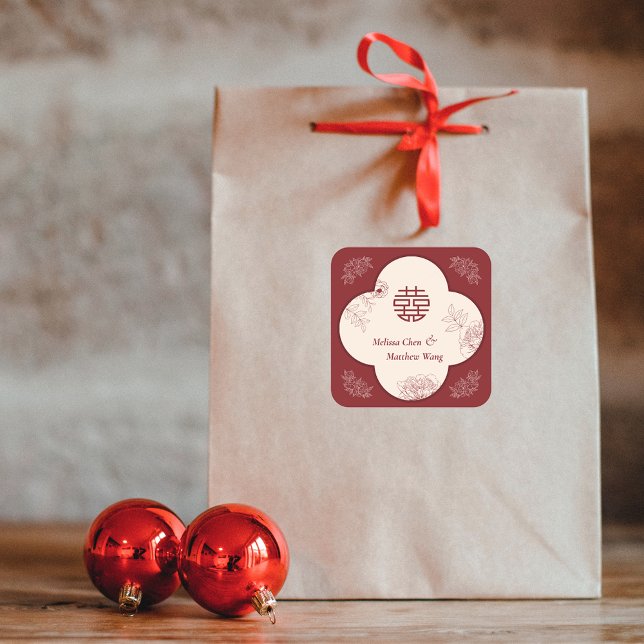 Adesivo Quadrado Casamento Chinês Xi Duplo Flor Elegante (Elegant Flower Double Xi Chinese Wedding Square Sticker)