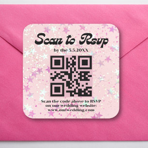 Adesivo Quadrado casamento código qr rsvp script retrô rosa 
