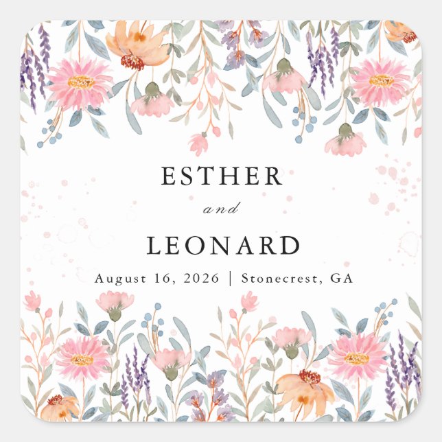 Adesivo Quadrado Casamento Colorido de Primavera Wildflower (Frente)