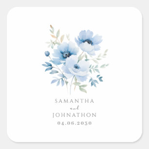 Adesivo Quadrado Casamento com Aquarela Floral Azul Elegante