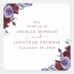 Adesivo Quadrado Casamento com Aquarela Floral Roxa e Branca