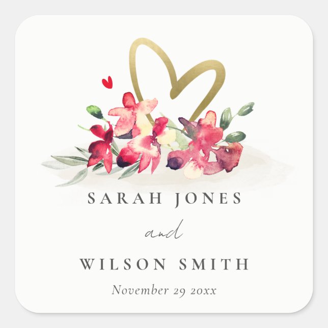 Adesivo Quadrado Casamento com Aquarelas Douradas Vermelhas de Cora (Frente)