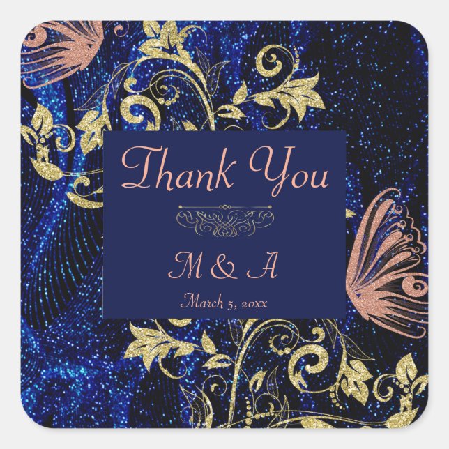 Adesivo Quadrado Casamento com Borboleta Dourada Real Azul (Frente)