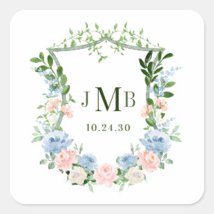 Adesivo Quadrado Casamento com Crista Floral Azul Empoeirada
