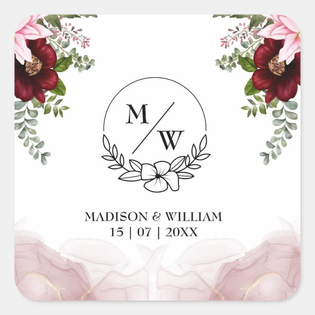 Adesivo Quadrado Casamento com Flor Elegante Burgundy (Frente)