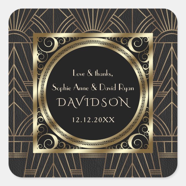 Adesivo Quadrado Casamento com Glam Royal Dourado Art Deco 20s (Frente)