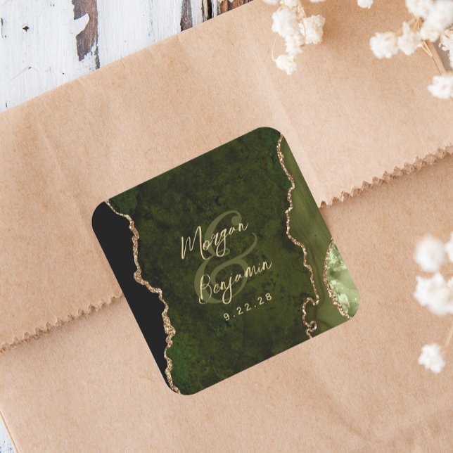 Adesivo Quadrado Casamento com Letra Dourada em Ágata Verde Oliva (Criador carregado)