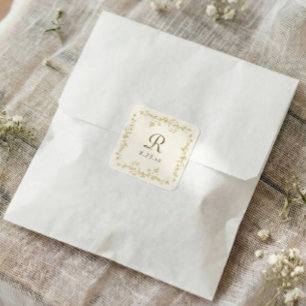 Adesivo Quadrado Casamento com Monograma Floral Dourado e Marfim Fr