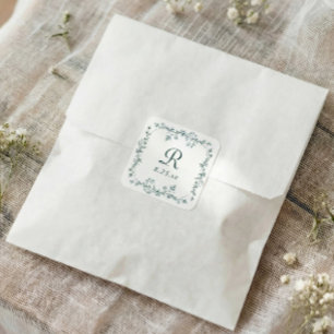 Adesivo Quadrado Casamento com Monograma Floral Francês Esmeralda V