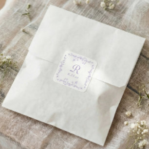 Adesivo Quadrado Casamento com Monograma Floral Lavanda Roxo Francê