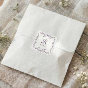 Adesivo Quadrado Casamento com Monograma Roxo de Berinjela Floral F