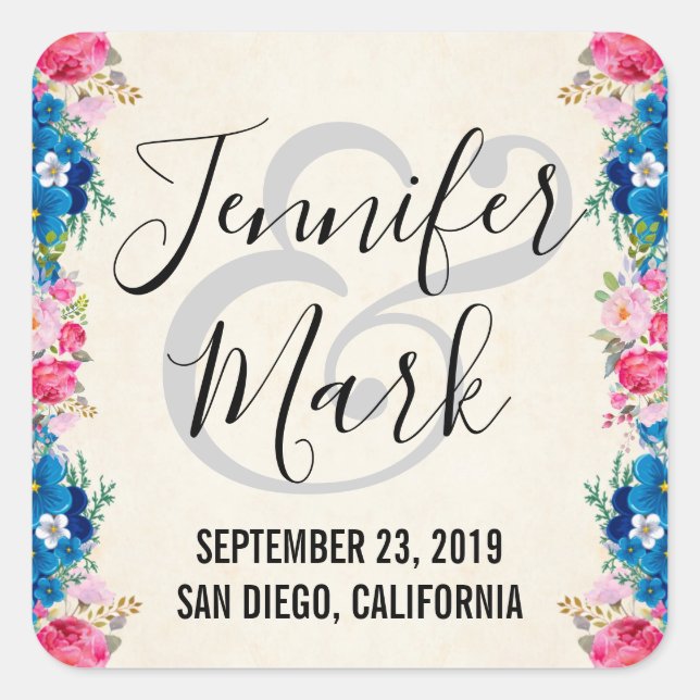 Adesivo Quadrado Casamento com Rico de Quadro de Flor Rosa e Azul (Frente)