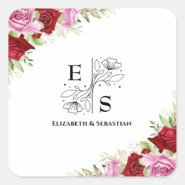 Adesivo Quadrado Casamento com Rosa de Aquarela Floral