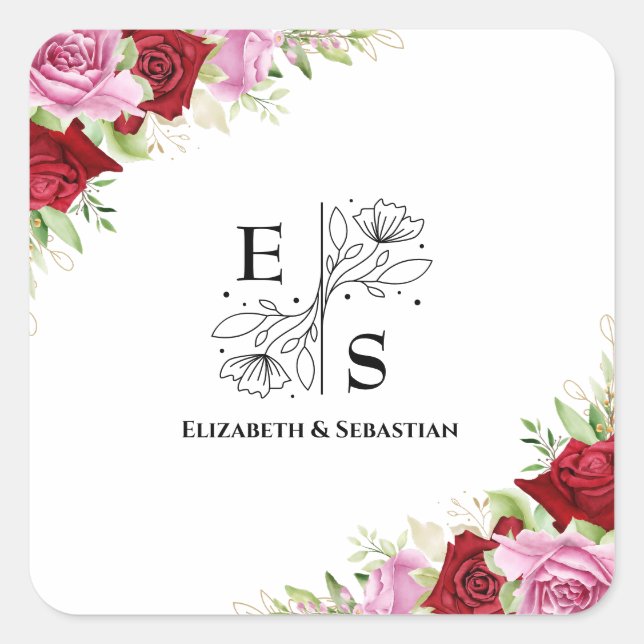 Adesivo Quadrado Casamento com Rosa de Aquarela Floral (Frente)