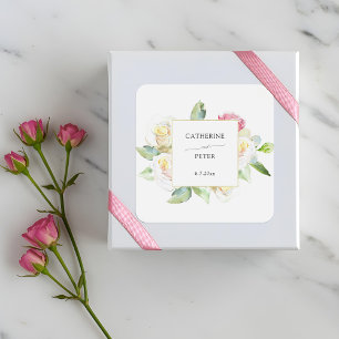 Adesivo Quadrado Casamento com Rosas em Aguarela Rosa Bege/Ivory Ro