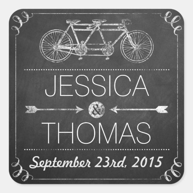 Adesivo Quadrado Casamento com Tipografia Tandem Bicycle Chalkboard (Frente)