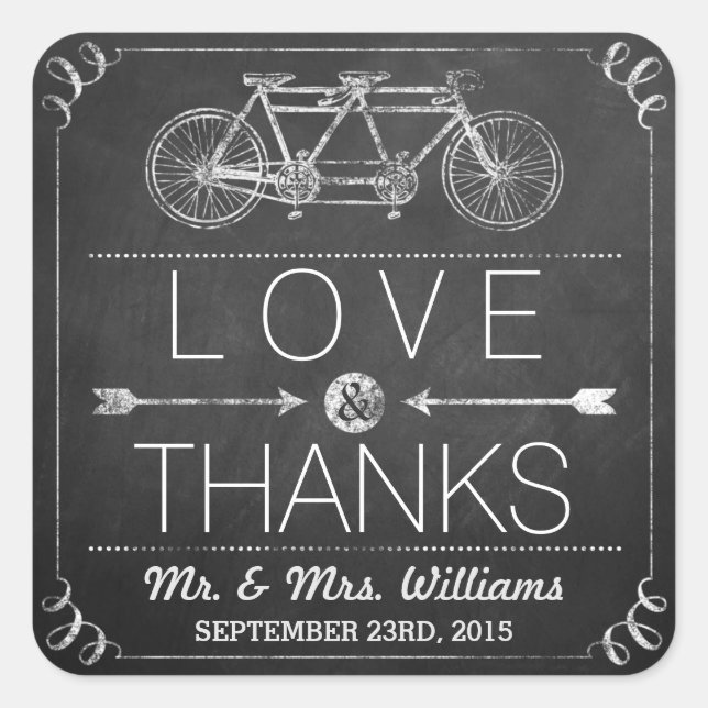 Adesivo Quadrado Casamento com Tipografia Tandem Bicycle Chalkboard (Frente)
