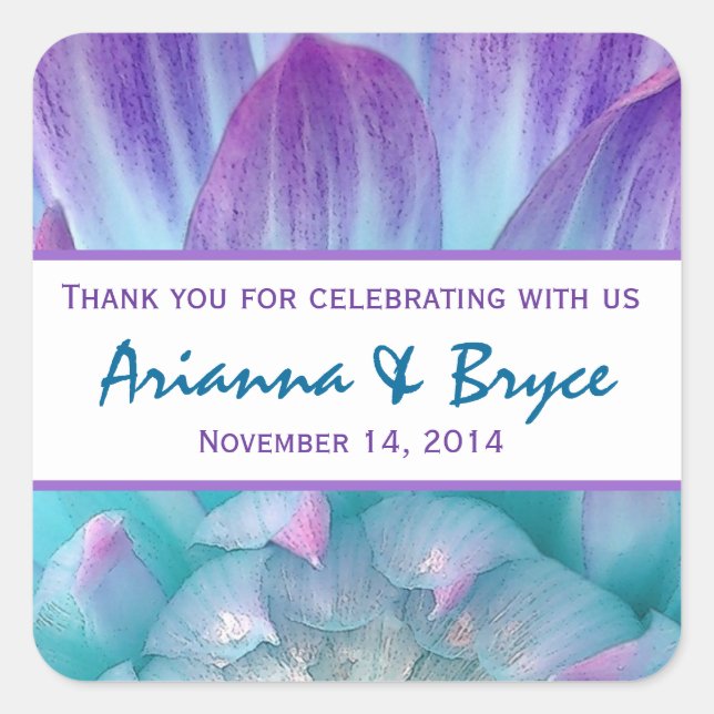 Adesivo Quadrado Casamento Da Flor De Dahlia Roxa Azul Obrigado 004 (Frente)