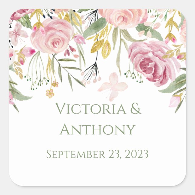 Adesivo Quadrado Casamento da Tipografia Floral Rosa Elegante (Frente)