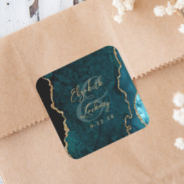 Adesivo Quadrado Casamento de Ágata Azul Turquesa Dourado Script