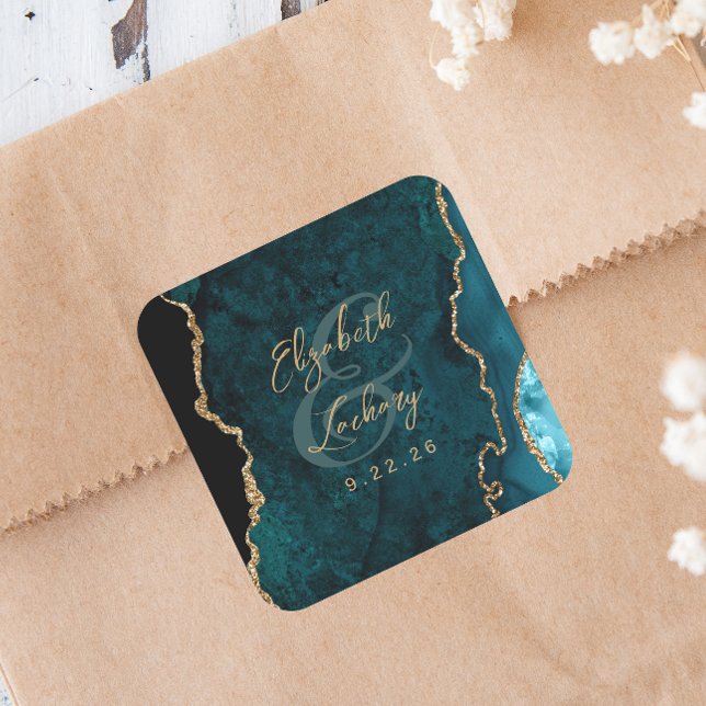 Adesivo Quadrado Casamento de Ágata Azul Turquesa Dourado Script (Criador carregado)