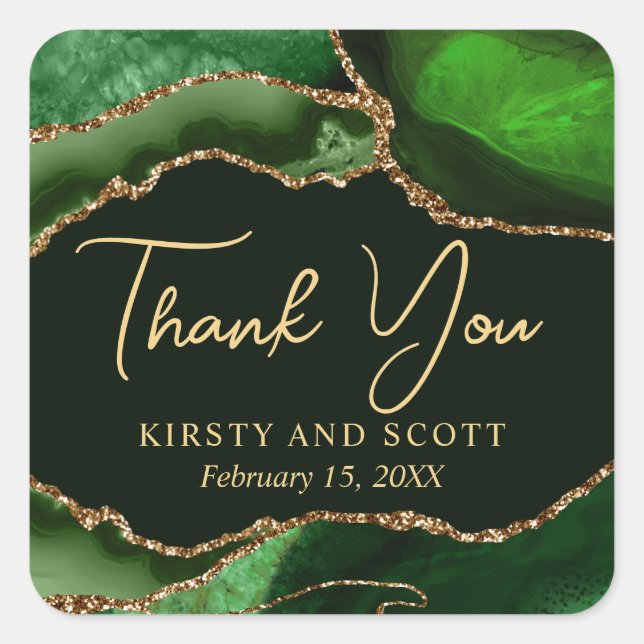 Adesivo Quadrado Casamento de Agitação de Glitter Verde e Dourada (Frente)