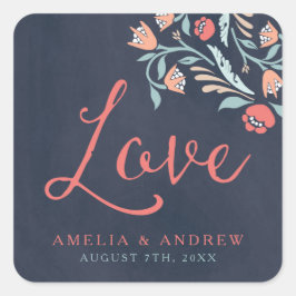 Adesivo Quadrado Casamento de Amor Floral Chalkboard Bluish