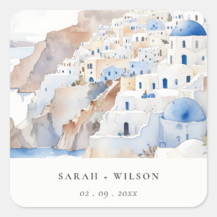 Adesivo Quadrado Casamento de Aquarela com Grécia Chic Santorini