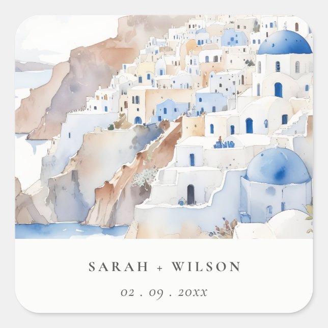 Adesivo Quadrado Casamento de Aquarela com Grécia Chic Santorini (Frente)