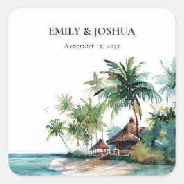 Adesivo Quadrado Casamento de Aquarela Tropical de Praia