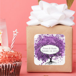 Adesivo Quadrado Casamento de Árvore de Folha de Coração Roxo da Fl