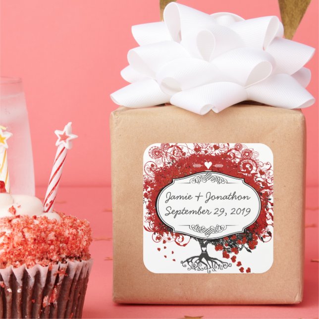 Adesivo Quadrado Casamento de Árvore de Folha Vermelha (Festa)