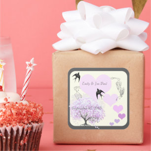 Adesivo Quadrado Casamento de Árvore Folha de Coração lavanda