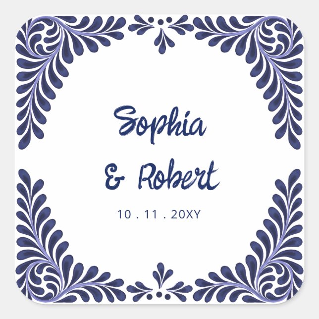 Adesivo Quadrado Casamento de Azulejos de Talavera Azul Marinho Mex (Frente)