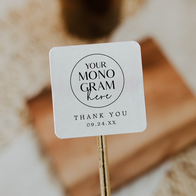 Adesivo Quadrado Casamento de Boho Branco Negro MEGHAN Monograma Ob (MEGHAN Monogram Black White Boho Wedding Thank You Square Sticker)