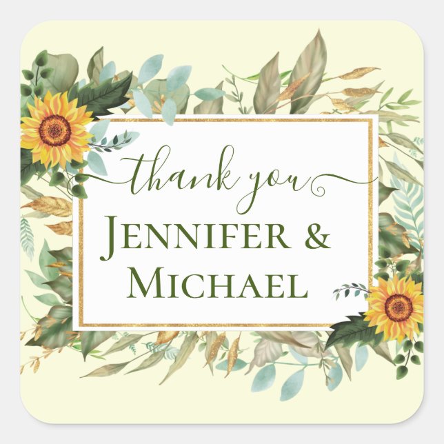 Adesivo Quadrado Casamento de Boho Girassol Sabugueiro Verde (Frente)