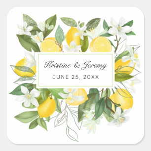 Adesivo Quadrado Casamento de Boho Lemons Watercolor Verde