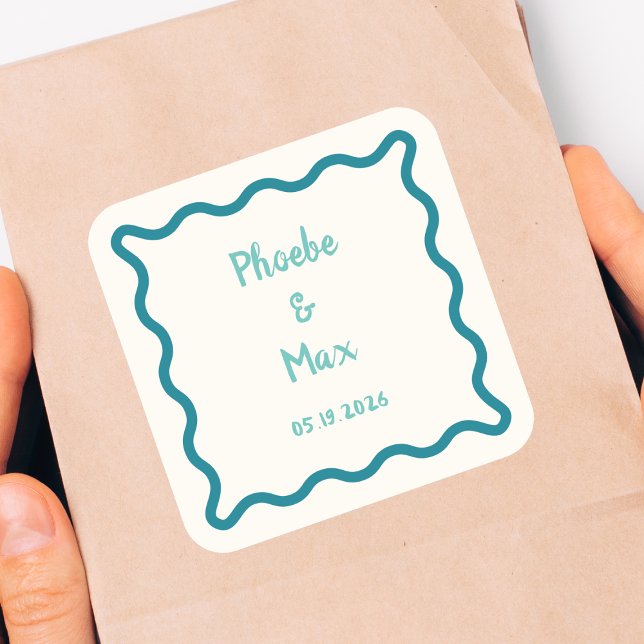 Adesivo Quadrado Casamento de Borda Wavy Whimsical Brold Escrita Ma (Criador carregado)