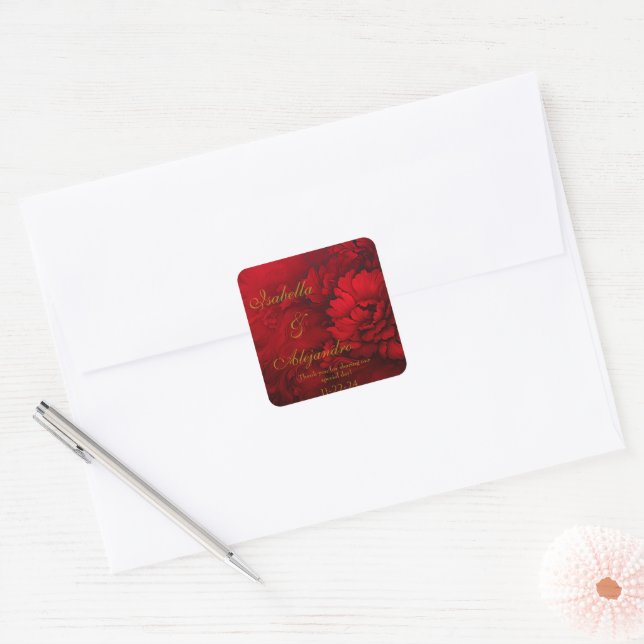 Adesivo Quadrado Casamento de Borgonha e Floral Vermelho (Envelope)