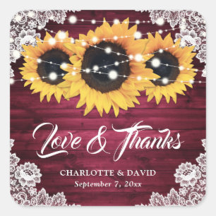 Adesivo Quadrado Casamento De Burgundy Rustic Wood Sunflower Obriga
