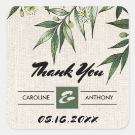 Adesivo Quadrado Casamento de Burlap Botânico Verde Obrigado