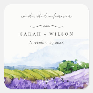 Adesivo Quadrado Casamento de Campos de Lavanda de Aquarelas Rustic