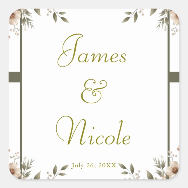 Adesivo Quadrado Casamento de canto floral branco e verde oliva ele (Frente)