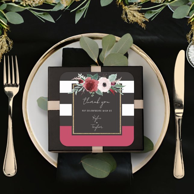Adesivo Quadrado Casamento de Casais de Stripe Negra Floral Magenta (Criador carregado)