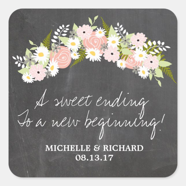 Adesivo Quadrado Casamento de Chalkboard Floral Wreath (Frente)